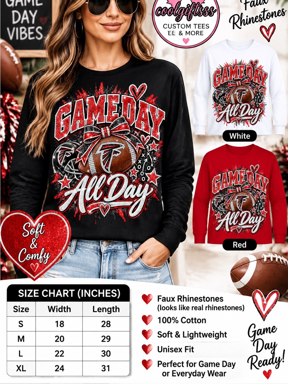 Game Day All Day Faux Rhinestone Football Tee | Custom Game Day Shirt S M L XL